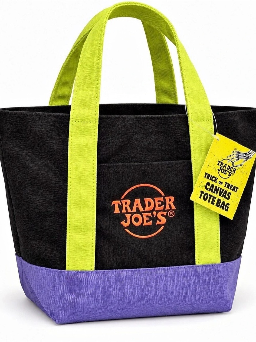 Trader Joe's Trick-or-Treat Mini Canvas Tote Bag Black & Purple